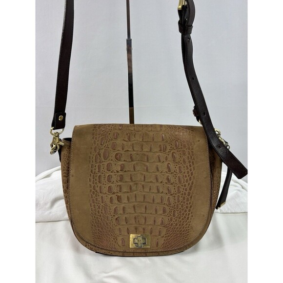 Brahmin Sonny Shoulder Crossbody Flap Bag Tan Croc Embossed Nubuck Leather - Picture 1 of 16